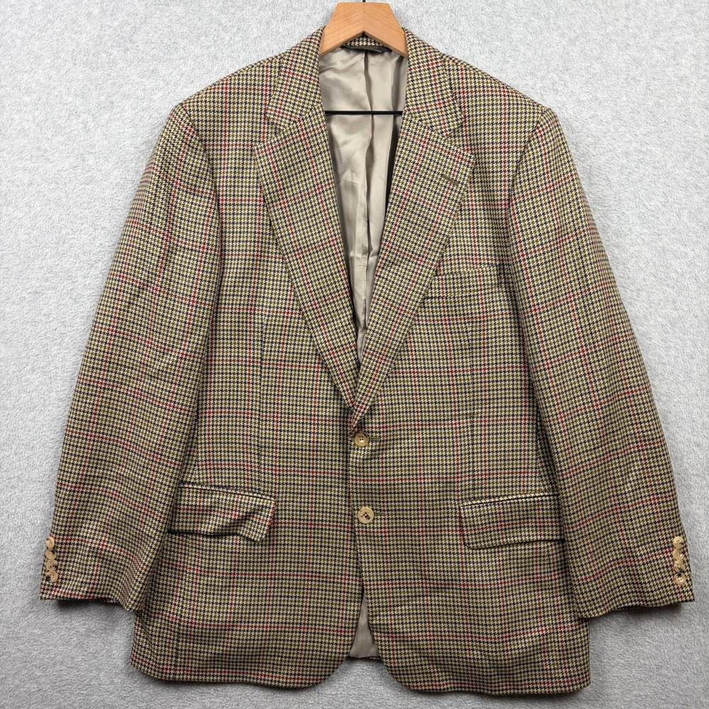 Vintage Paul Stuart Sport Coat Mens 42L Tan Plaid Houndstooth Lambswool Cashmere